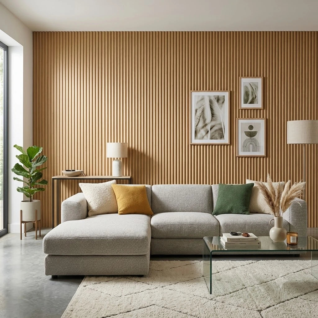 Oak fluted WPC wall panels installed in a living room by Solid Furniture UK
