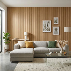 Oak fluted WPC wall panels installed in a living room by Solid Furniture UK