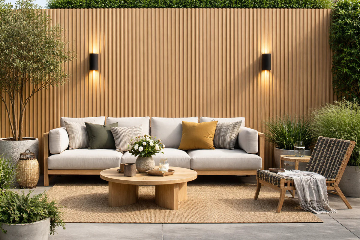 Oak outdoor wall panels 16x240cm pack of 12 by Solid Furniture LTD installed on exterior wall showing natural wood effect cladding on building facade
