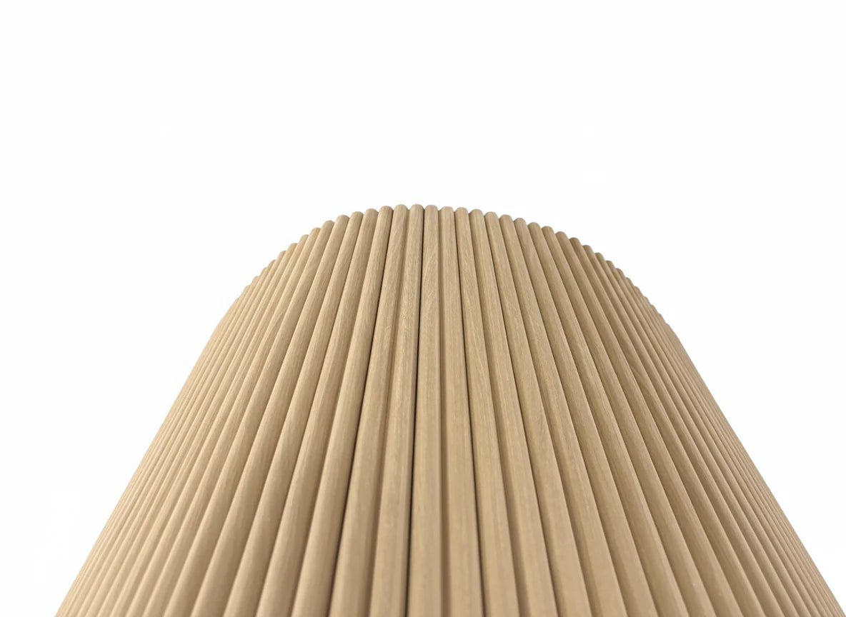 Close-up of Oak Reed flexible wood veneer acoustic wall panel showing natural wood grain texture and slatted design detail solid furniture UK