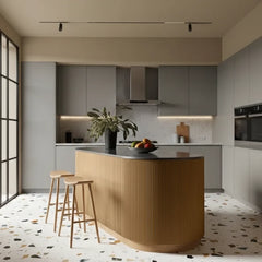 Modern interior featuring Oak Reed flexible wood veneer acoustic wall panels installed on curved wall with warm LED lighting creating a stylish and sound-enhanced space solid furniture UK