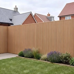 Oak seamless waterproof WPC wall panels installed in garden – Solid Furniture UK