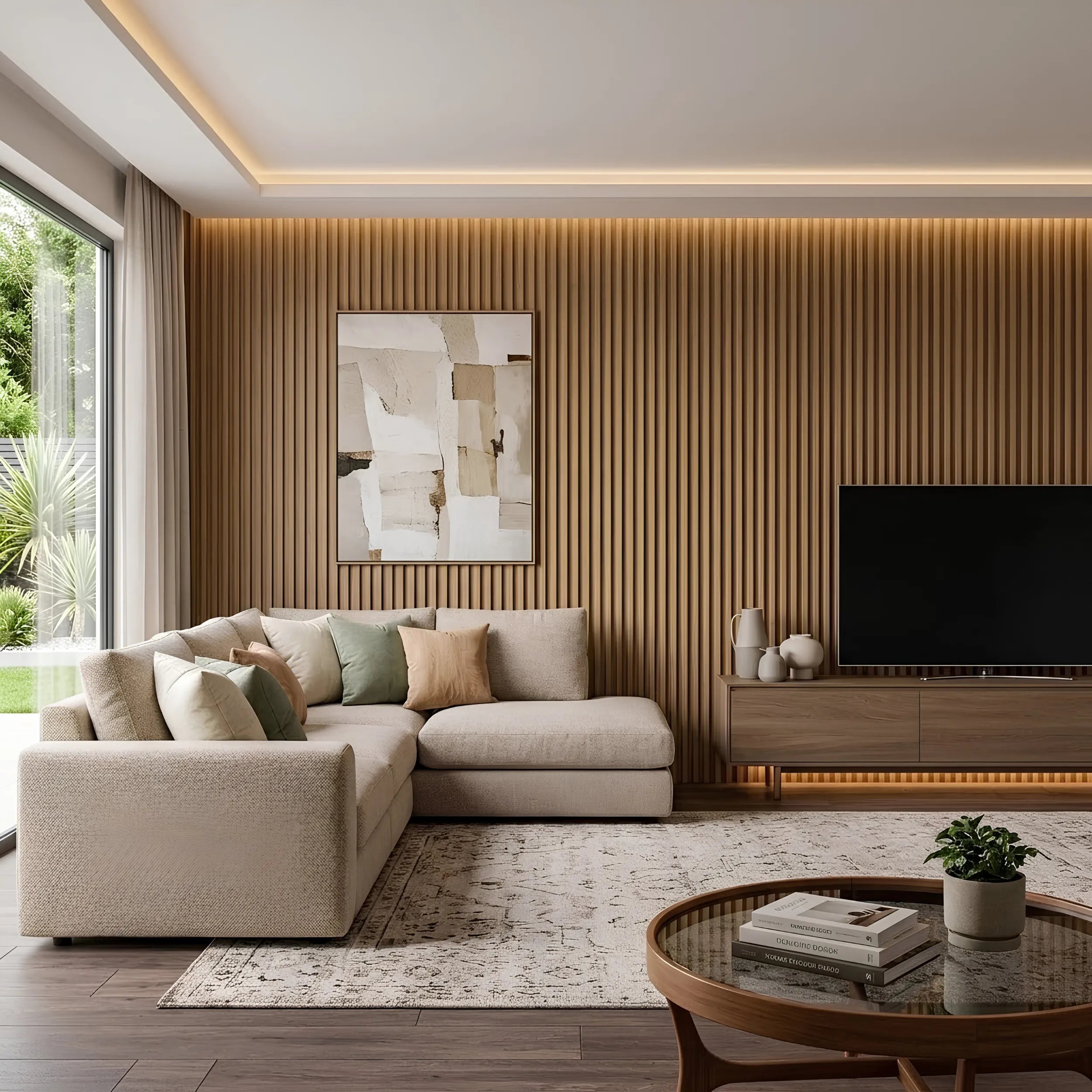 Oak seamless waterproof WPC wall panels installed in living room – Solid Furniture UK
