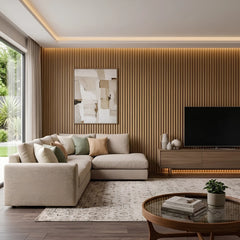 Oak seamless waterproof WPC wall panels installed in living room – Solid Furniture UK