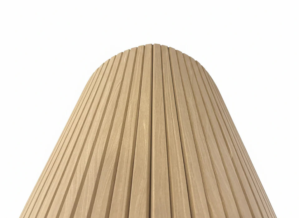 Close-up of Flexible Oak Slat Wall Panel showing natural wood veneer finish and precise slat design with acoustic felt backing solid furniture UK