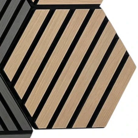 Close up view of oak wall hanging acoustic panels by Solid Furniture UK