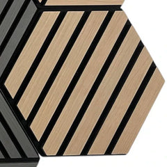 Close up view of oak wall hanging acoustic panels by Solid Furniture UK