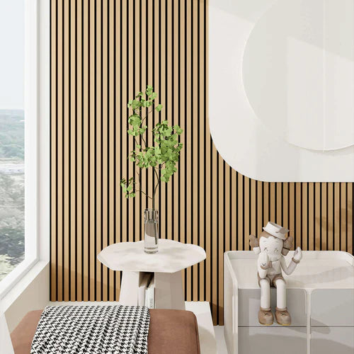 60x280 oak acoustic wall panels installed behind a TV in a modern UK lounge, enhancing aesthetics and reducing sound reflections solid furniture UK