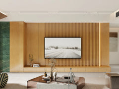 Oak wall panels installed in drawing room creating a stylish modern feature wall with warm wood-effect finish by Solid Furniture UK.