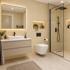Oak finish PVC wall panels 60×240cm used to create a modern bathroom look by Solid Furniture UK