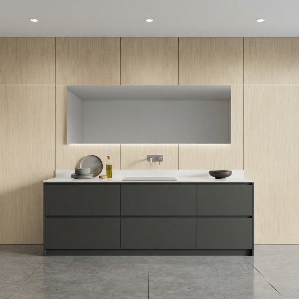 Oak effect PVC wall panels 60×240cm fitted in a stylish kitchen by Solid Furniture UK