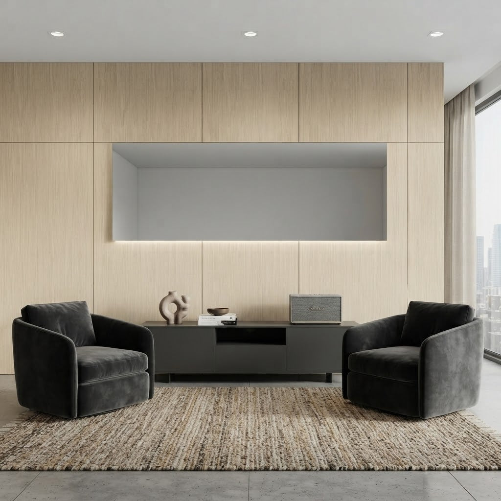 Wood effect PVC wall panels 60×240cm adding warmth to a contemporary living room by Solid Furniture UK