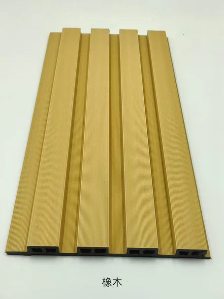 Front view of oak WPC outdoor wall panel 180cm and 290cm in the UK by Solid Furniture LTD, displaying realistic wood grain texture and modern structured design