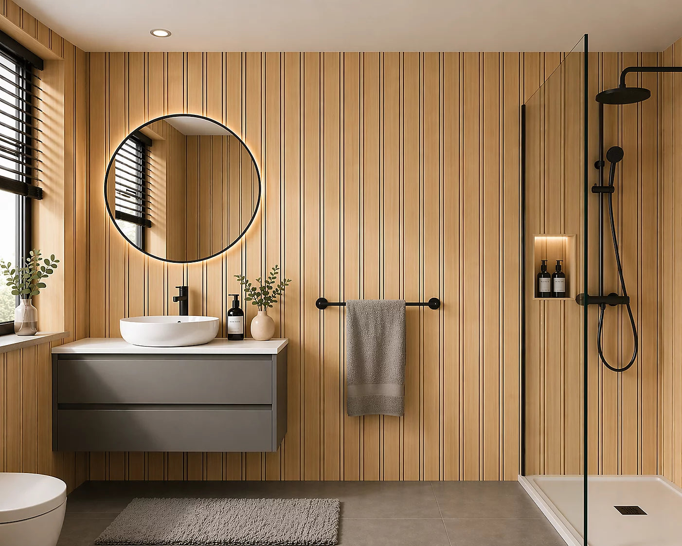 Oak waterproof WPC wall panels installed in a bathroom – Solid Furniture UK