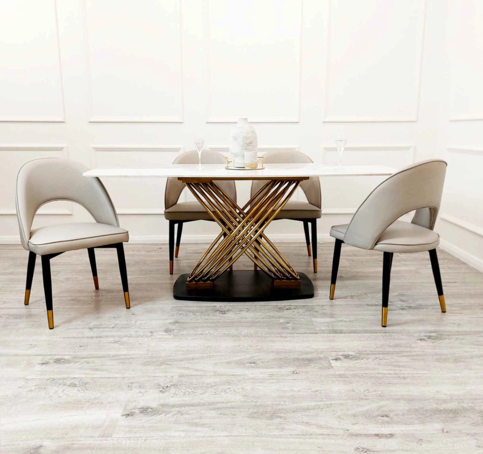 Orion Gold 1.8m dining table with Astra beige velvet dining chairs main view at Solid Furniture UK
