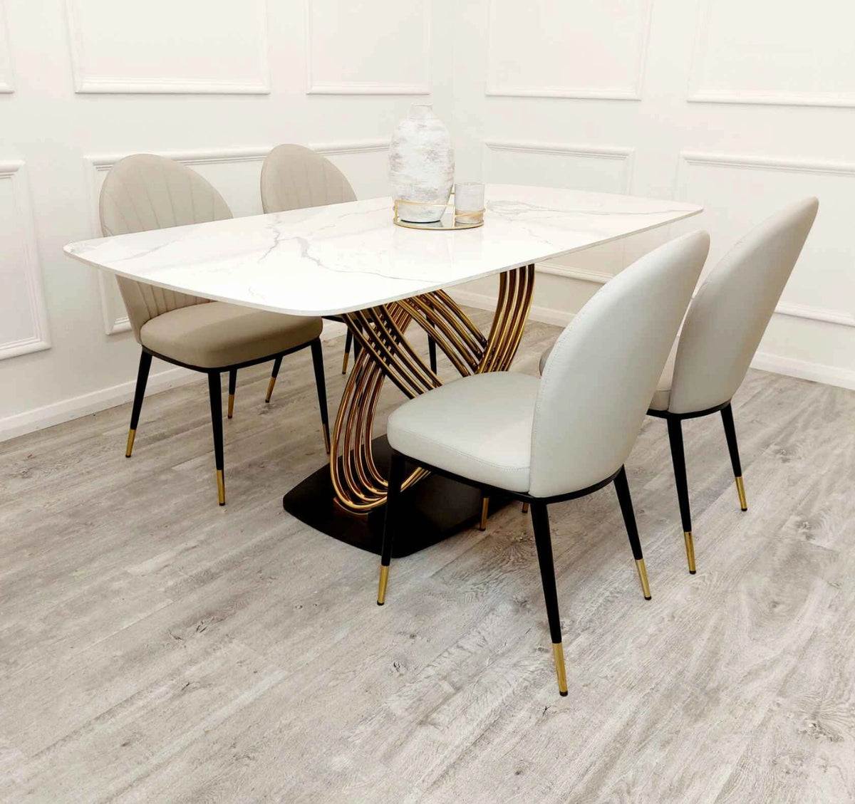 Orion Gold 1.8m dining table with Etta beige leather dining chairs main view at Solid Furniture UK