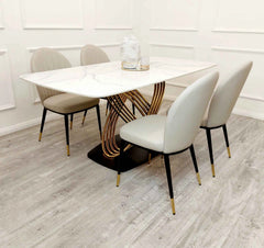 Orion Gold 1.8m dining table with Etta beige leather dining chairs main view at Solid Furniture UK