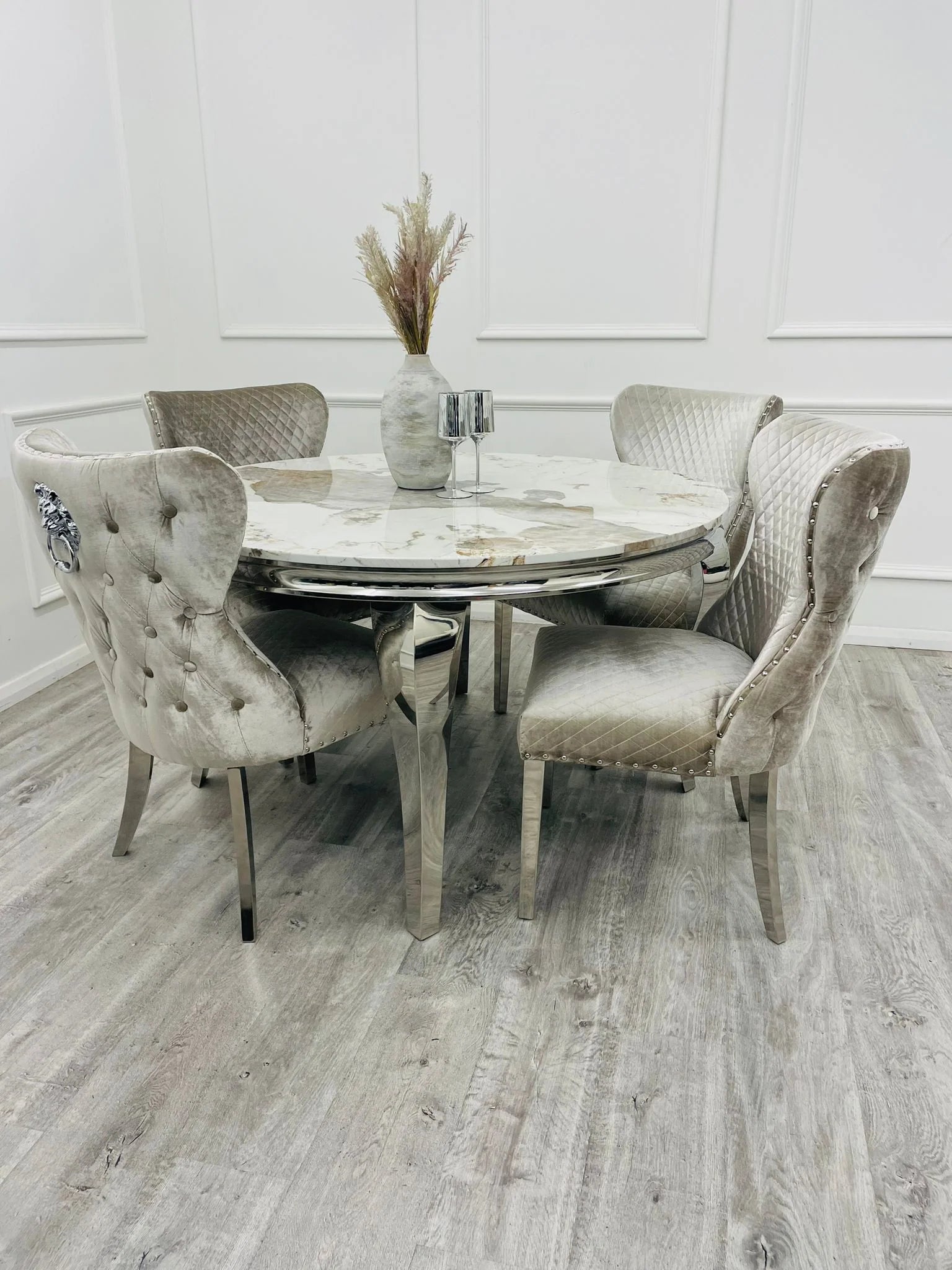 1.3m round Pandora Louis dining set with grey Valentino velvet chairs by Solid Furniture UK