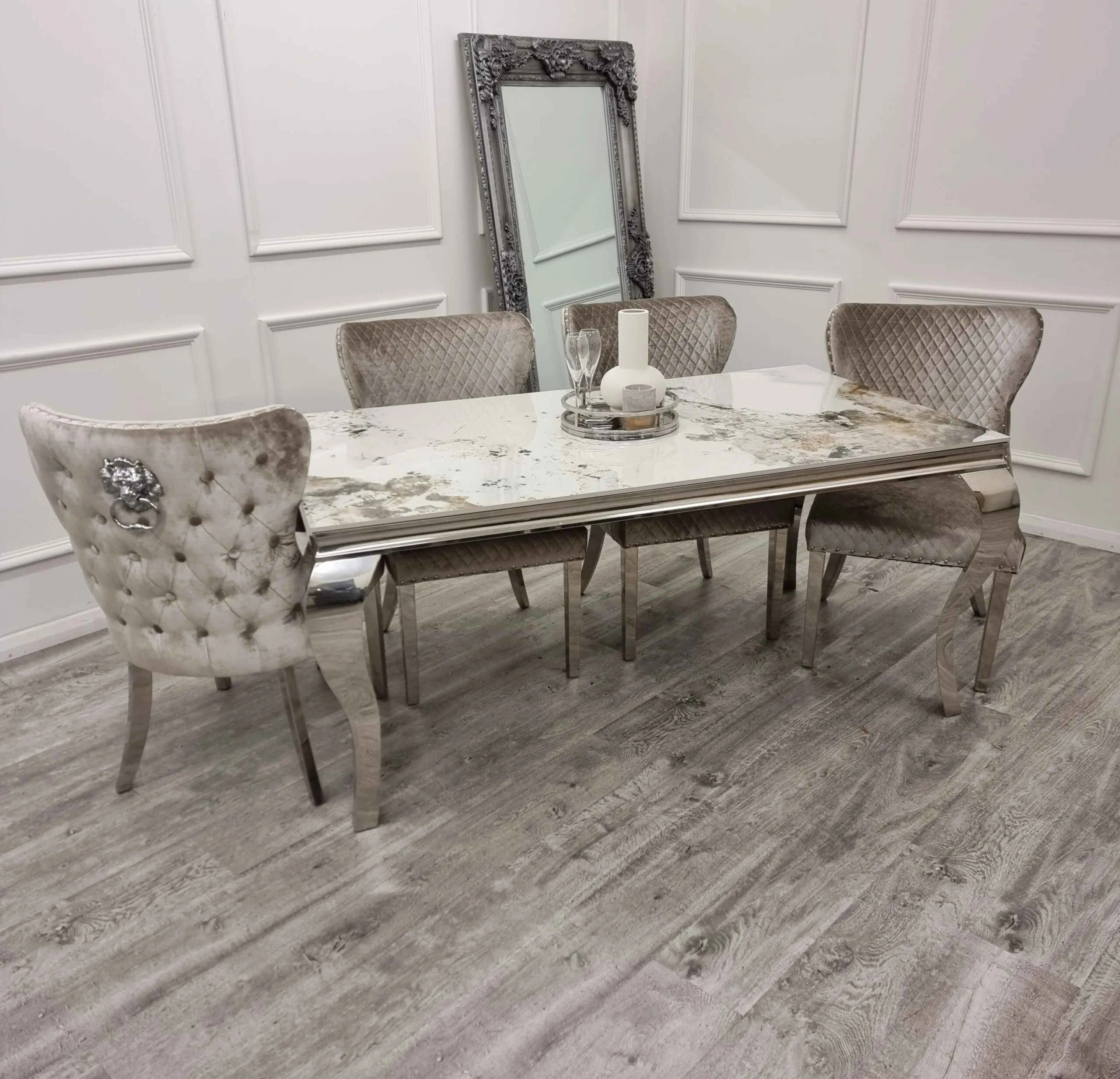 Pandora Louis dining set with grey Valentino velvet chairs main view by Solid Furniture UK