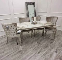 Pandora Louis dining set with grey Valentino velvet chairs main view by Solid Furniture UK
