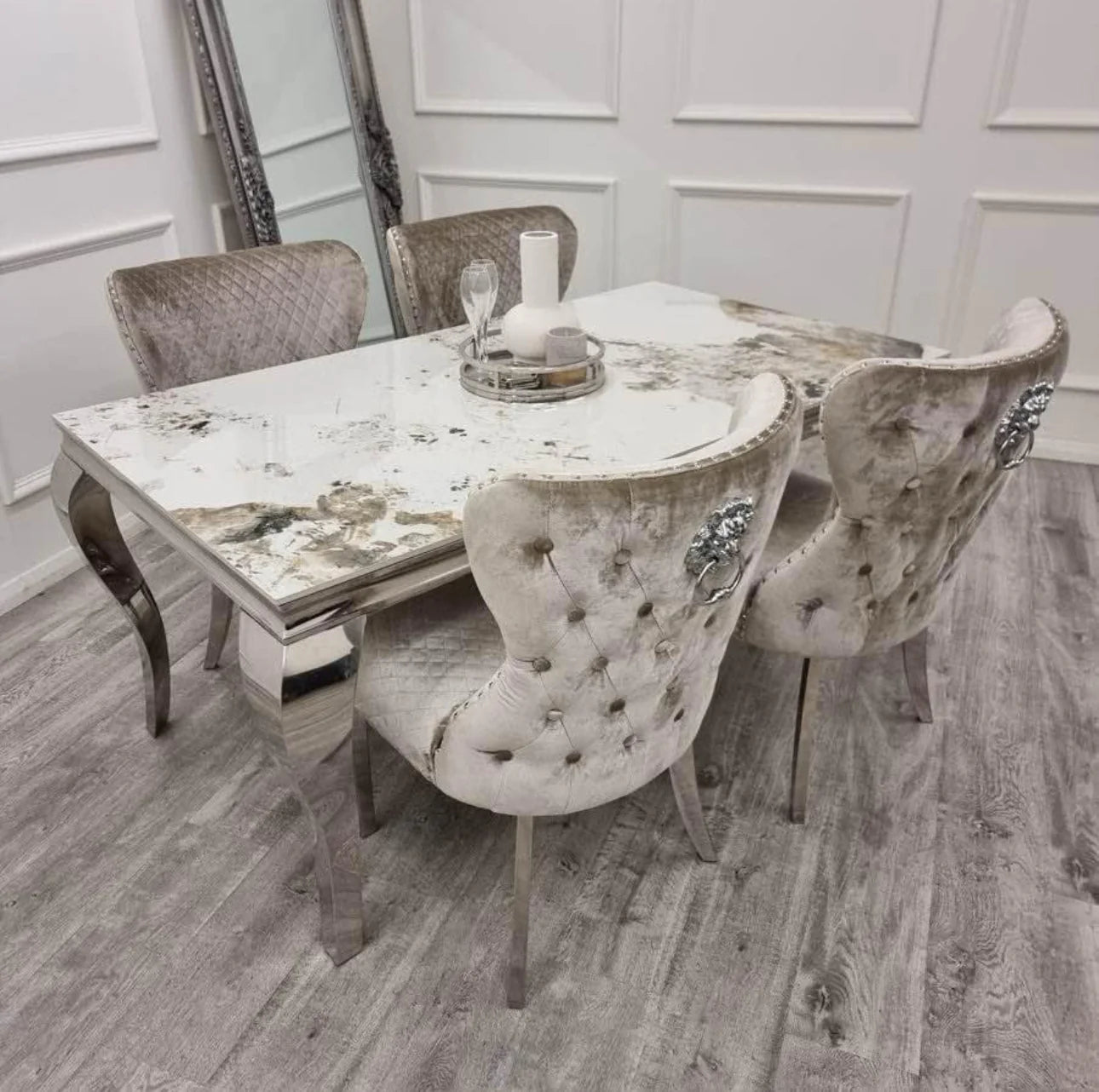 Pandora Louis dining table with grey Valentino velvet dining chairs side view by Solid Furniture UK