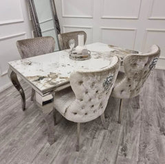 Pandora Louis dining table with grey Valentino velvet dining chairs side view by Solid Furniture UK