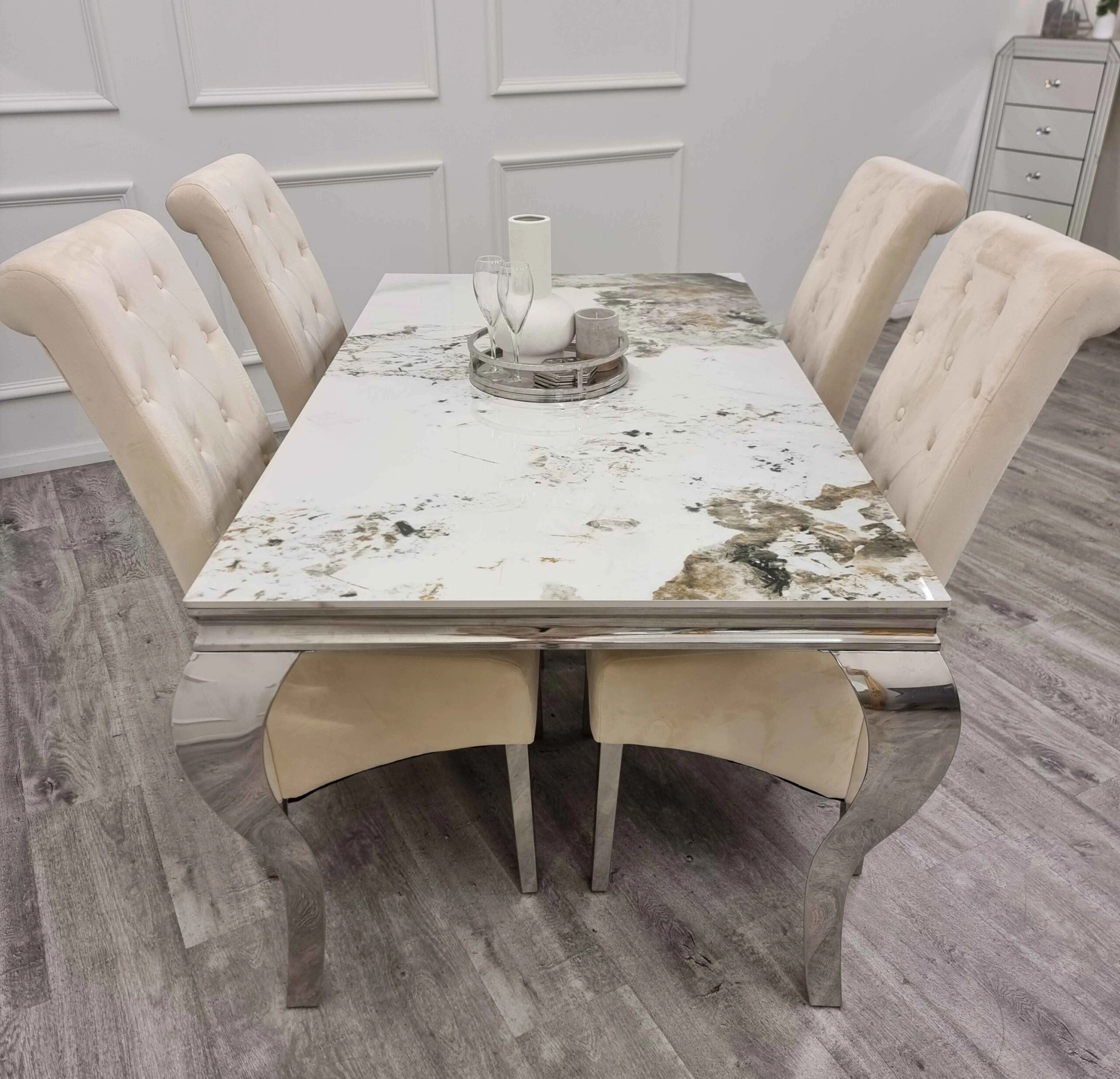Pandora Louis Marble dining table with Mink Sofia dining chairs side view by Solid Furniture UK