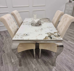 Pandora Louis Marble dining table with Mink Sofia dining chairs side view by Solid Furniture UK