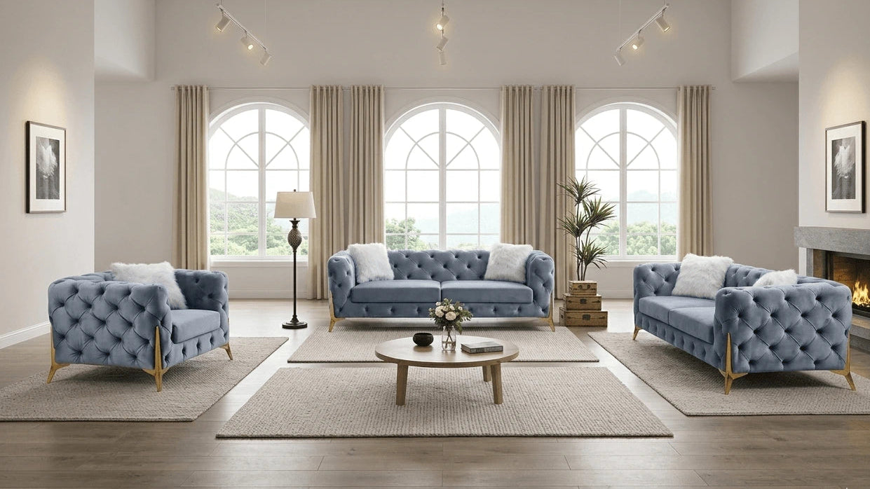 Paris Grey Shimmer Sofa Set – 3, 2 & 1 Seater Chesterfield Style with Gold Legs solid furniture UK