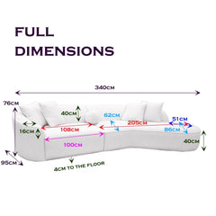 Pebble Bouclé Sofa dimensions – 340cm length, 95cm depth, 76cm height with left and right seat widths solid furniture UK