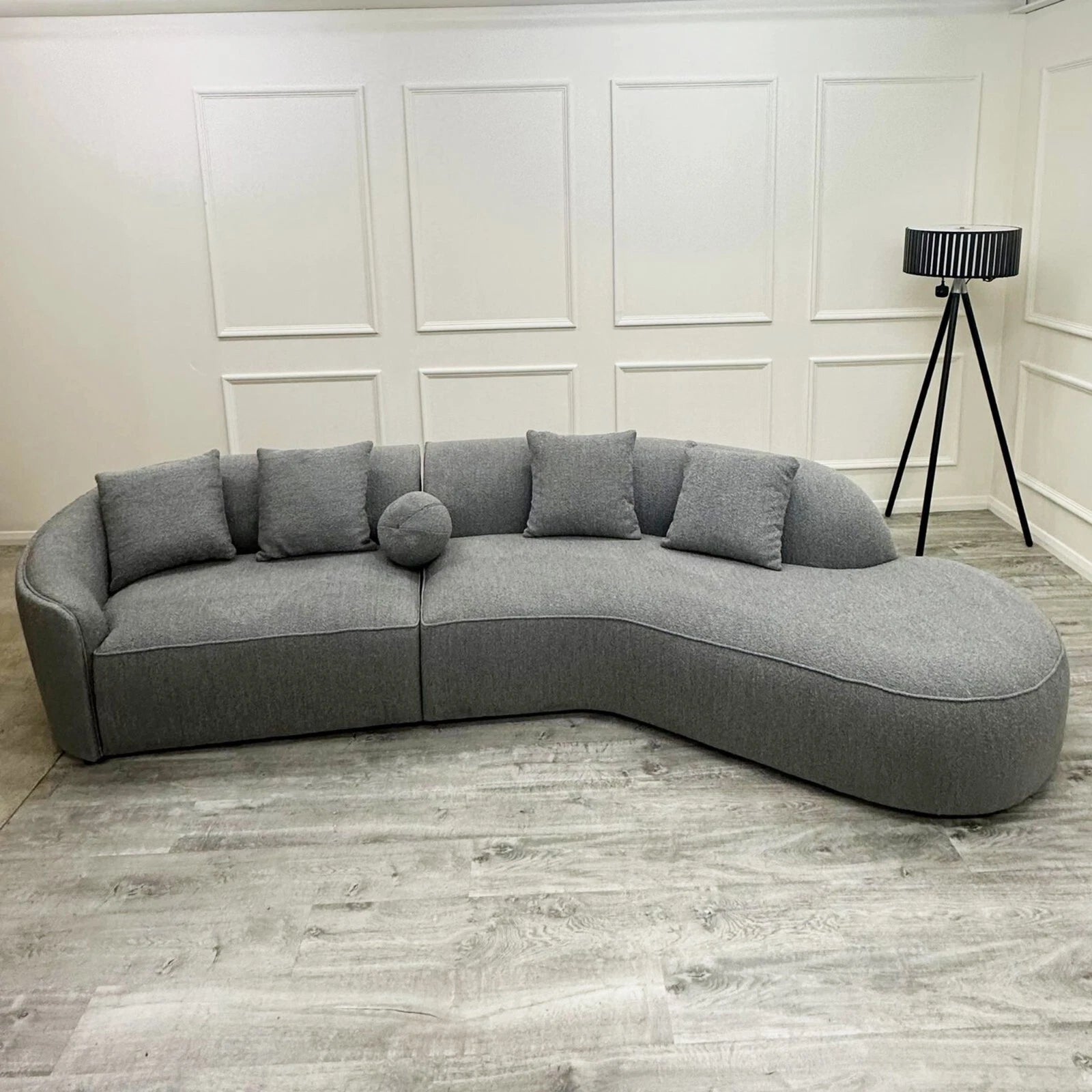 Pebble Bouclé Sofa – Full view of the modern asymmetrical 2-seater + 3-seater sofa in soft textured bouclé fabric solid furniture UK