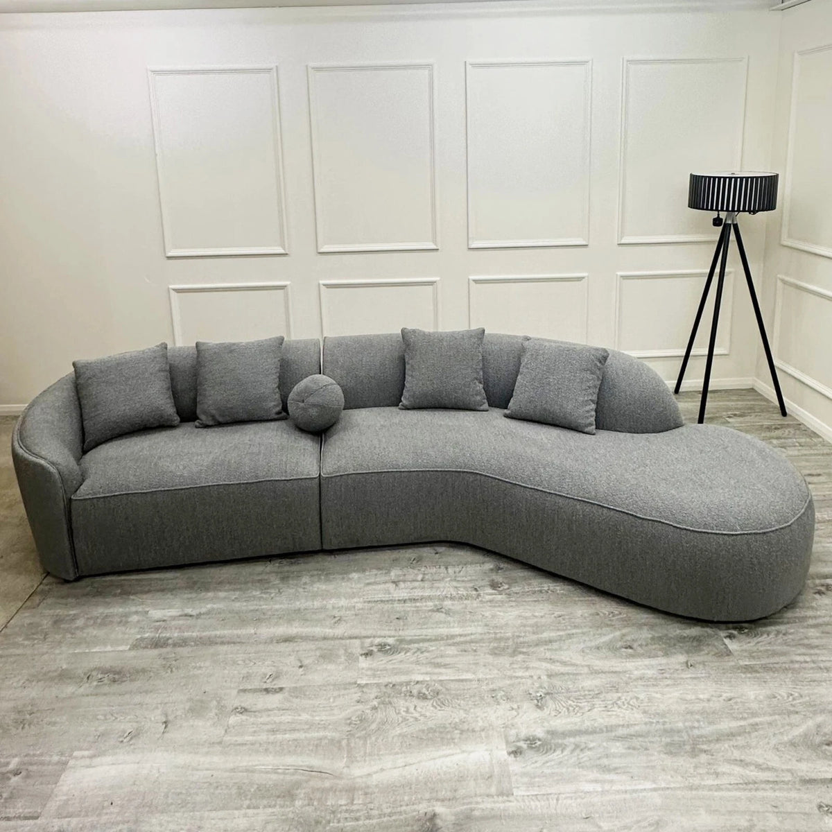 Pebble Bouclé Sofa – Full view of the modern asymmetrical 2-seater + 3-seater sofa in soft textured bouclé fabric solid furniture UK