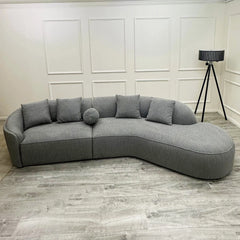 Pebble Bouclé Sofa – Full view of the modern asymmetrical 2-seater + 3-seater sofa in soft textured bouclé fabric solid furniture UK