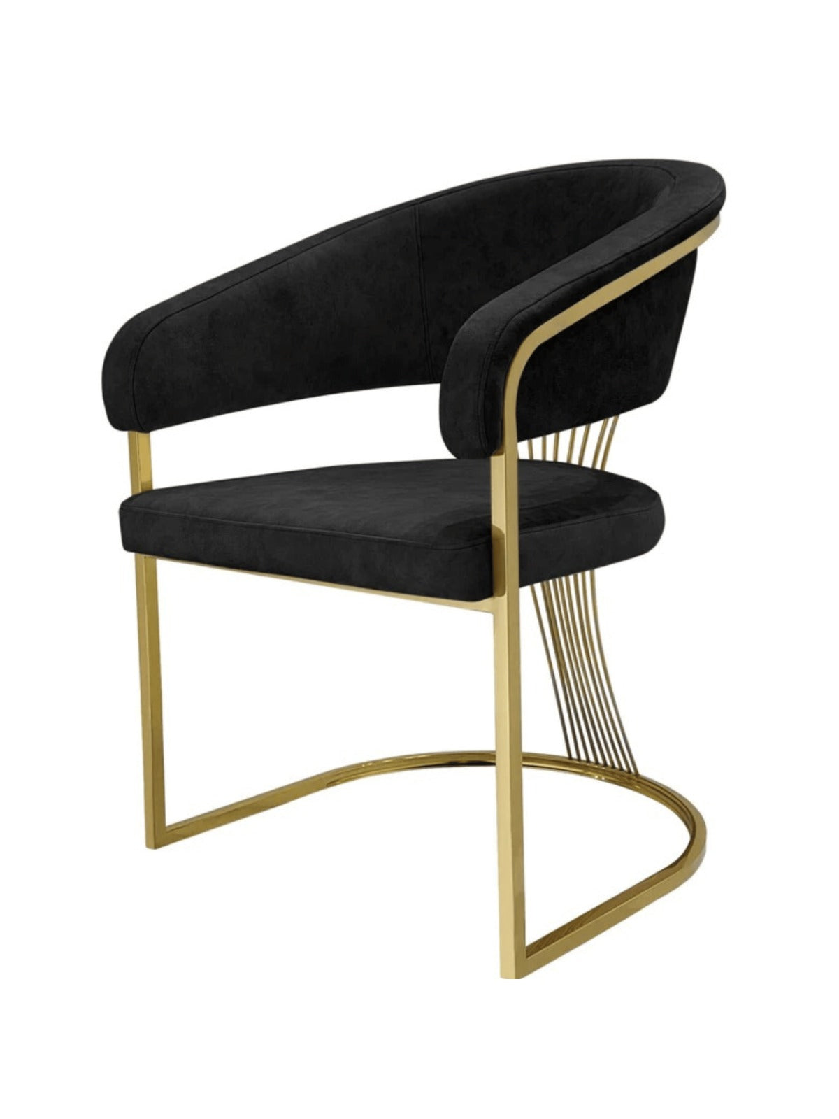 Side angle view of the Porado Black and Gold dining chair featuring premium Leathaire upholstery, a gold stainless steel frame, and contemporary luxury styling for modern dining rooms in the UK.