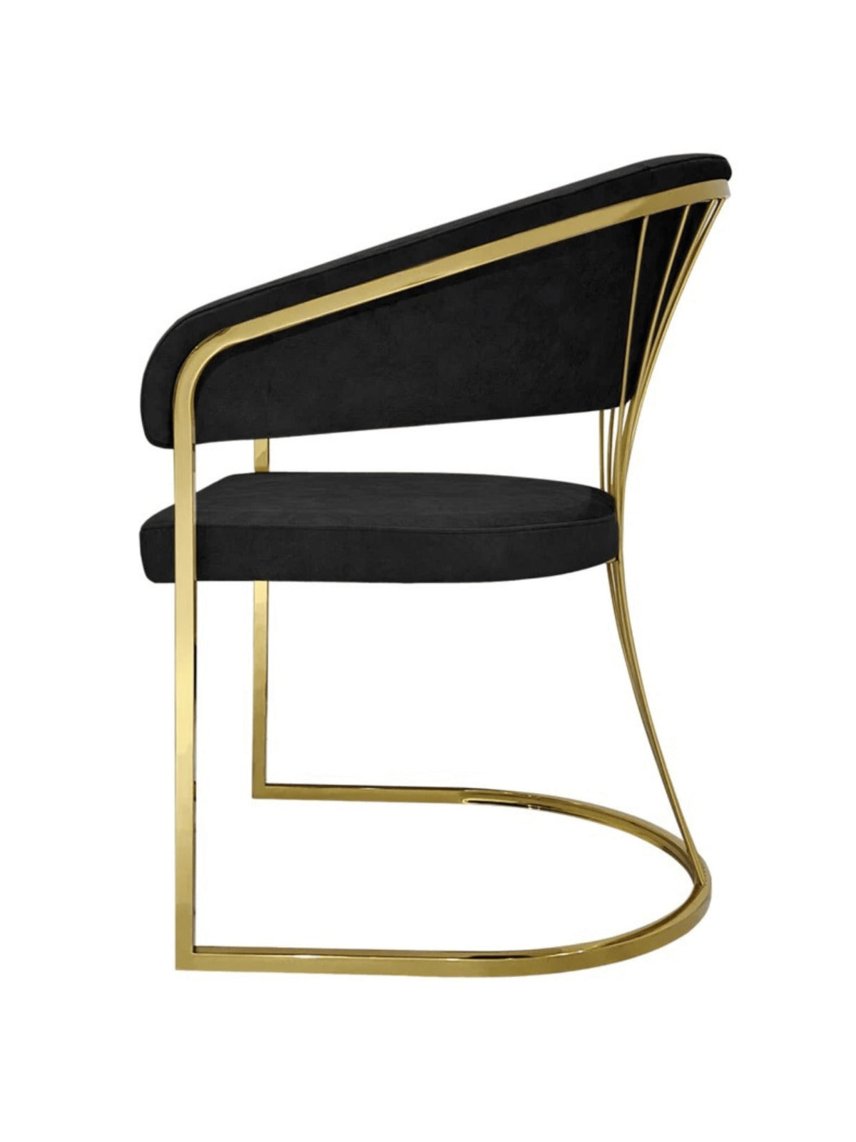 Side view of the Porado Black and Gold dining chair featuring premium Leathaire upholstery, a gold stainless steel frame, and contemporary luxury styling for modern dining rooms in the UK.