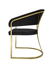 Side view of the Porado Black and Gold dining chair featuring premium Leathaire upholstery, a gold stainless steel frame, and contemporary luxury styling for modern dining rooms in the UK.