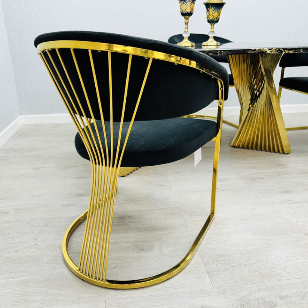 Porado Black and Gold dining chair featuring a luxurious upholstered seat and elegant gold metal frame, perfect for modern and contemporary dining rooms in the UK.