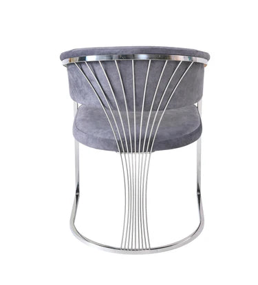 Back view of the Porado Grey and Silver dining chair featuring luxurious Leathaire upholstery, a polished stainless steel frame, and contemporary styling for modern interiors.