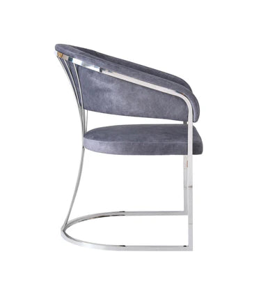 Side view of the Porado Grey and Silver dining chair featuring premium Leathaire upholstery, a polished stainless steel frame, and modern styling for contemporary dining rooms in the UK.