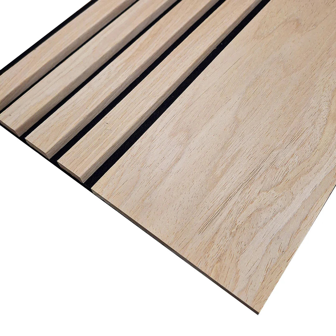 Premium Oak 240 x 30 cm acoustic wood veneer wall panels by Solid Furniture UK with 3 sided finish for modern interior feature walls