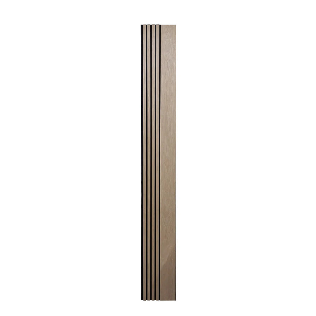 Close-up view of Premium Oak 240 x 30 cm acoustic wood veneer wall panel by Solid Furniture UK showing detailed 3 sided finish and natural wood texture