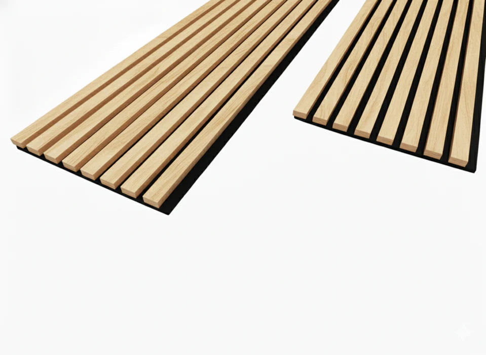 Close-up of Premium Oak acoustic wall panel showing real wood veneer wrapped on three sides with smooth, high-quality finish. solid furniture UK