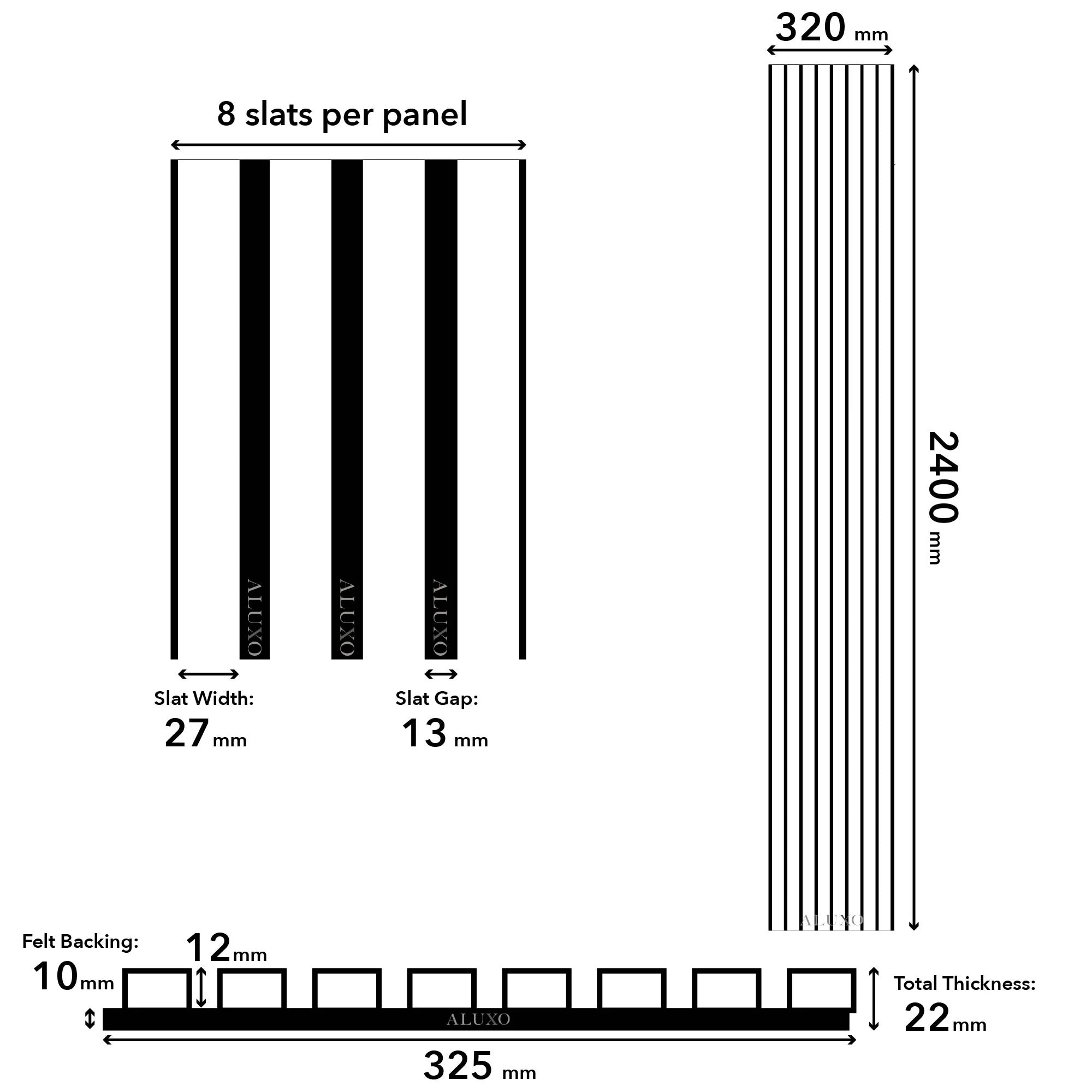 Technical diagram of Premium Oak acoustic wall panels displaying panel size, slat dimensions, spacing, and overall measurements. solid furniture UK