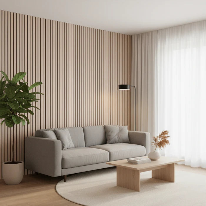 Premium Oak acoustic slatted wall panels installed in a modern living room, showcasing a warm wood finish and enhanced interior design with sound-absorbing features. solid furniture UK