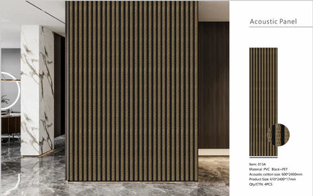 Premium quartz print brown acoustic wall panel 60x240cm installed in modern living room with 3D gold line design enhancing interior and sound comfort Solid furniture UK