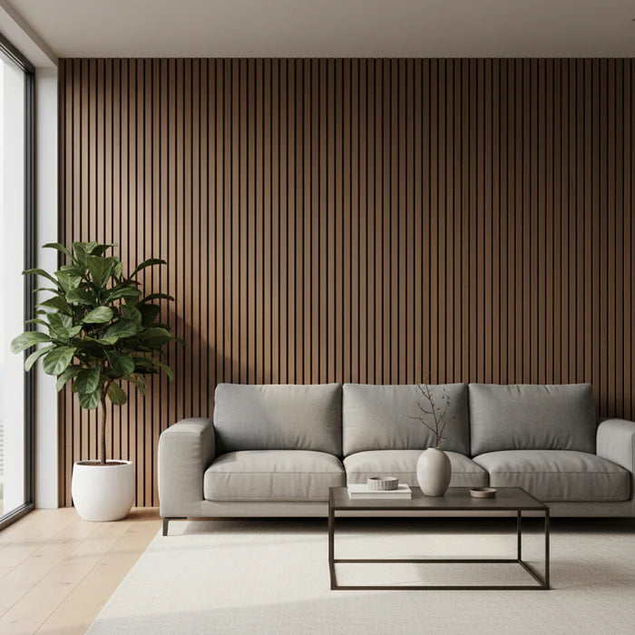 Premium walnut acoustic slatted wall panels installed in a modern living room, enhancing interior design and improving sound absorption solid furniture UK
