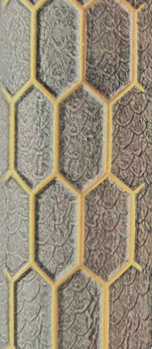 Close up of quartz print brown acoustic wall panel 60x240cm showing textured surface and 3D gold line detail. solid furniture UK