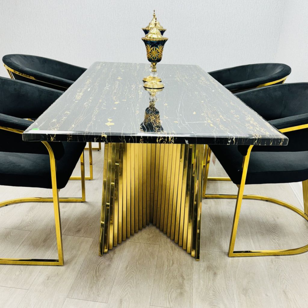 Dining chair side view with Ravello Black and Gold Marble Dining Table, modern dining furniture UK by Solid Furniture UK
