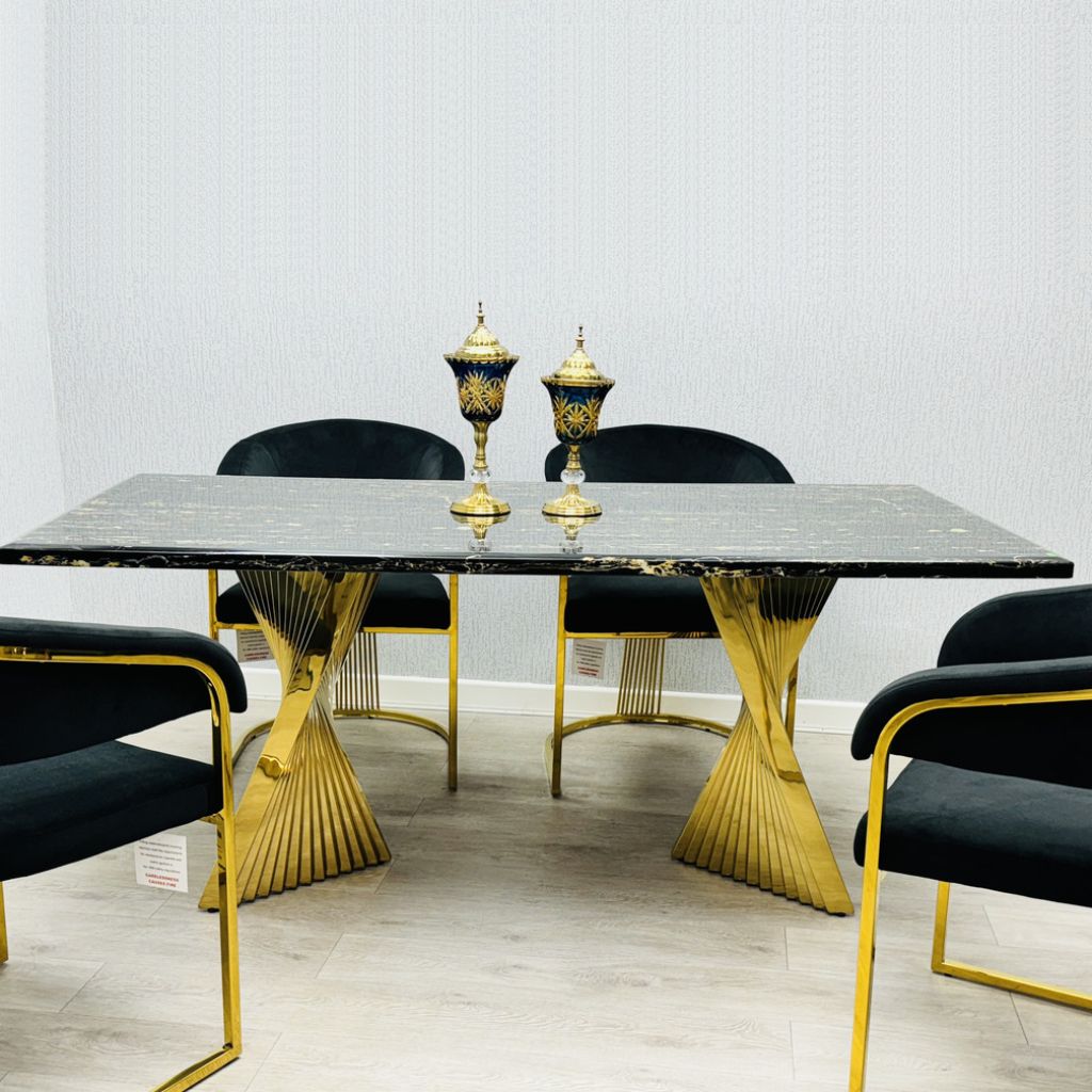 Ravello Marble Dining Table with Porado Chairs in Black and Gold finish, luxury marble-effect dining set with gold pedestal base for modern UK dining rooms. solid furniture UK