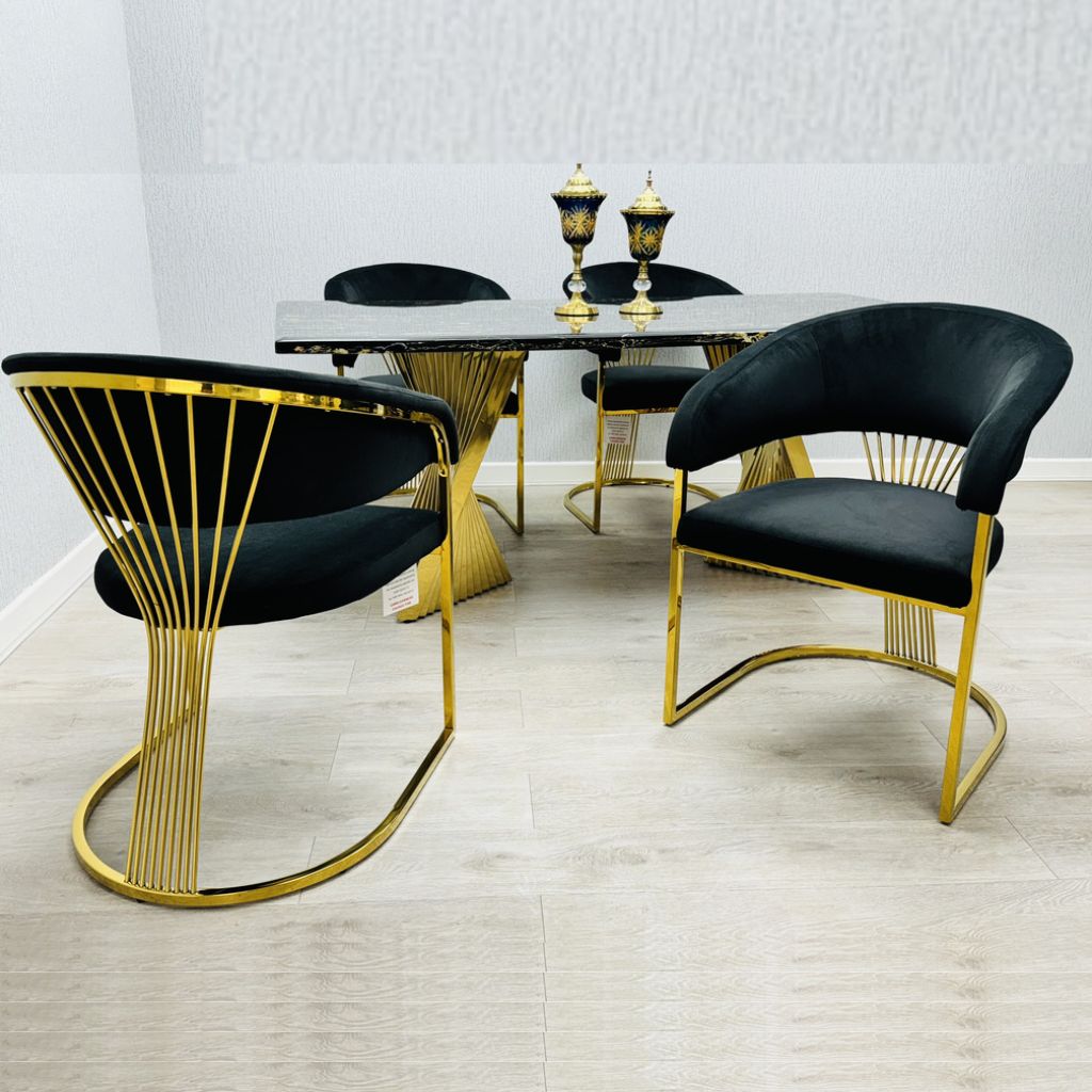 Ravello Marble Dining Table with Porado Chairs in Black and Gold finish, luxury marble-effect dining set with gold pedestal base for modern UK dining rooms.